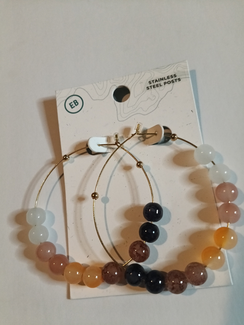 EARTHBOUND Gold Hoop Earrings with White, Pink, Orange & Navy Beads